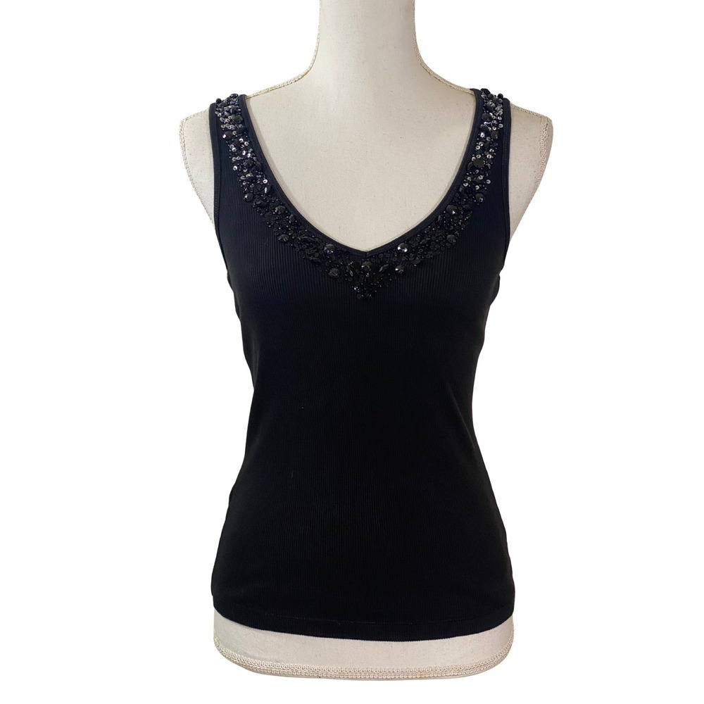 Express Black Ribbed V Neck Tank Top Sequin Embellished Size Medium
